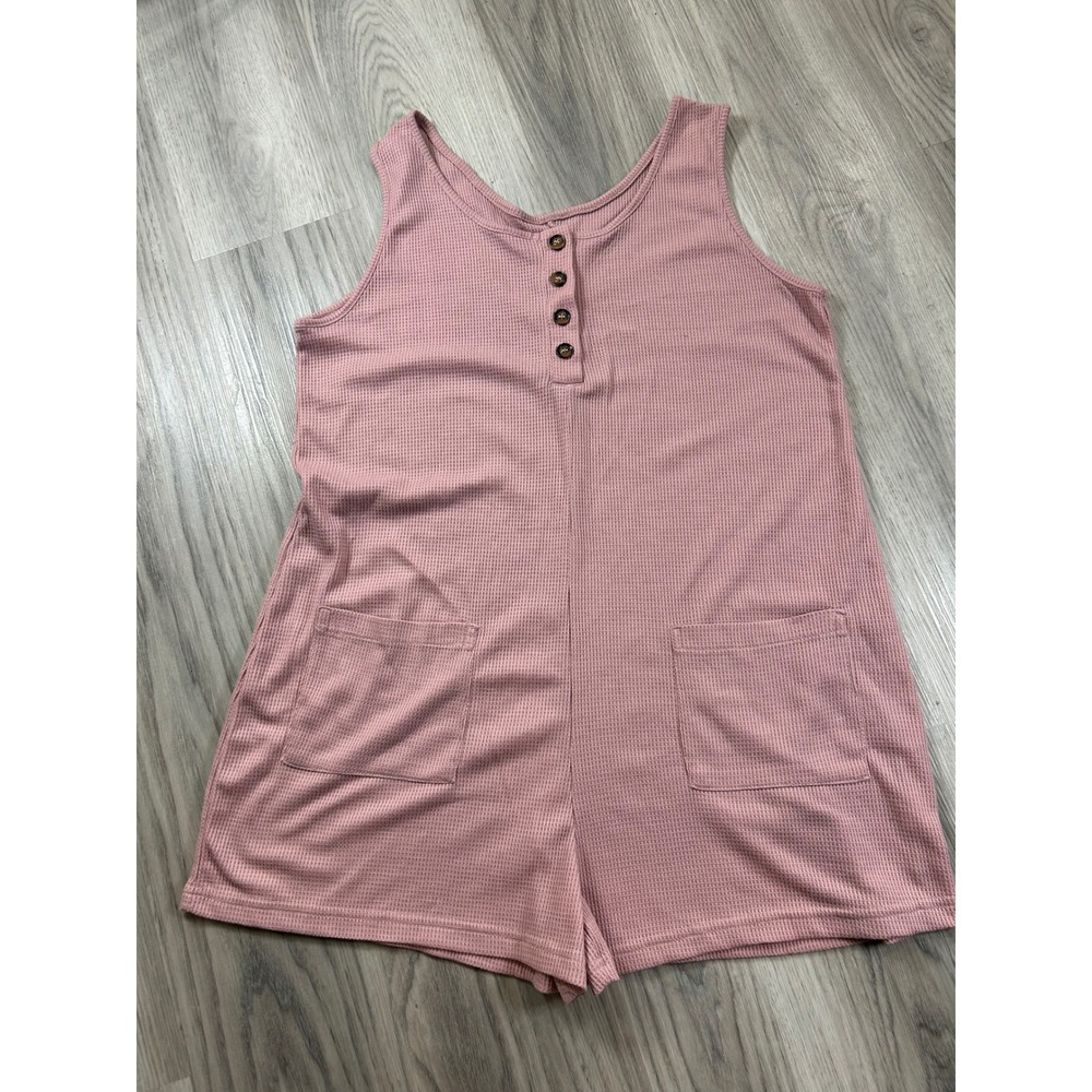 Waffle Knit Henley Romper Mauve Pink Sleeveless Pocketed Jumpsuit Women L